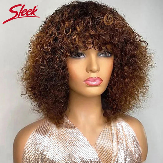 Pelucas de cabello humano Pixie Bob corto con flequillo, rizadas Jerry, hechas a máquina, resaltado rubio miel, pelucas de color para mujer