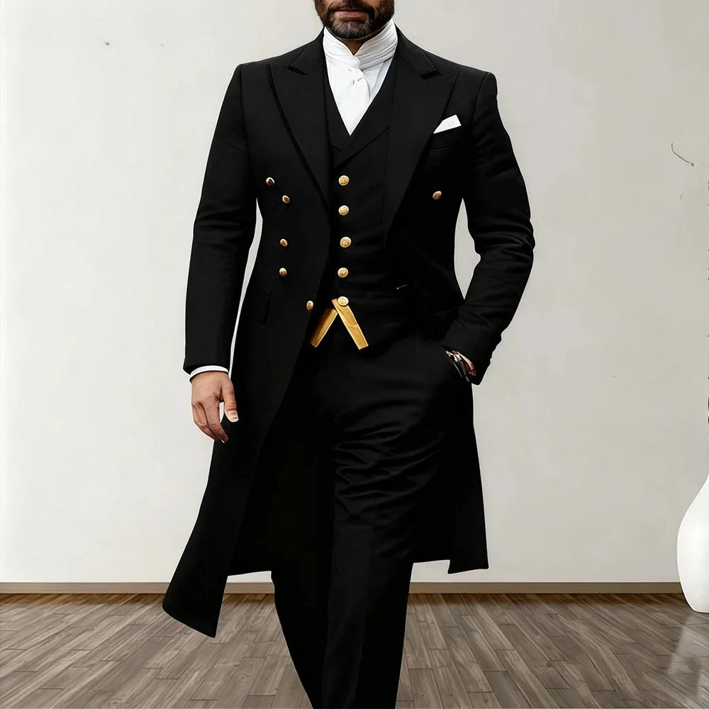 Blue Men Wedding Suits 3 Piece Long Blazer Vest Pants Satin One Button