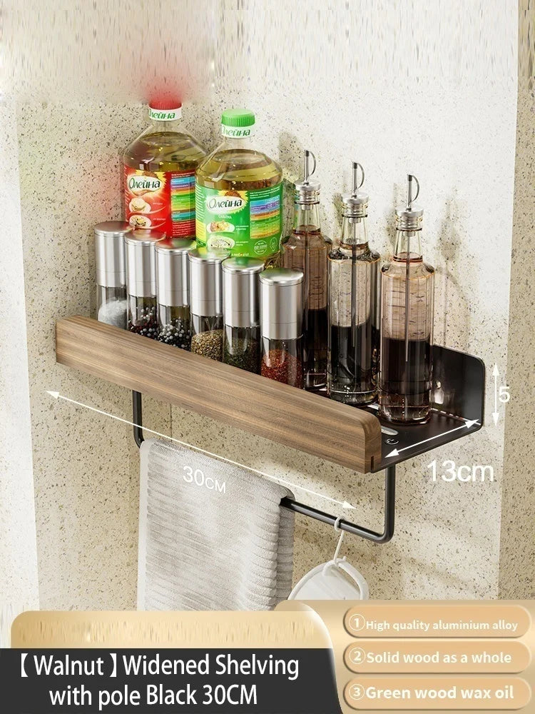 Wood Kitchen Organizer Mounted Spice Rack Kitchen Storage with Hooks for Condiments Kitchen Accessories