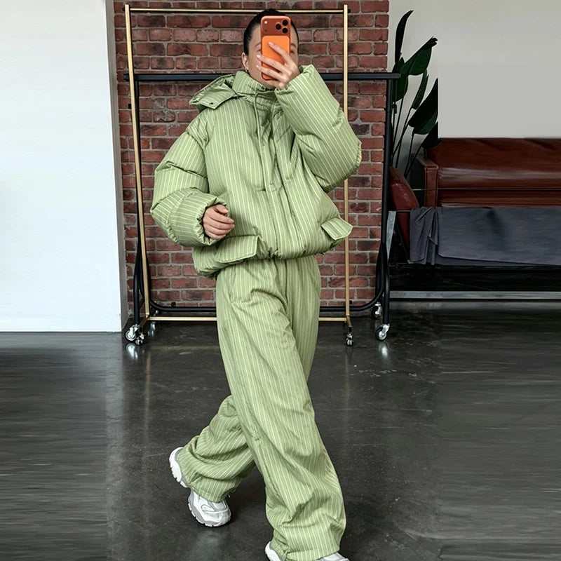 Women Striped Hooded Puffer Two Piece Outfit Oversized Cropped Jacket Baggy Pants Set Daily Outdoor Fashion Matching Outfit