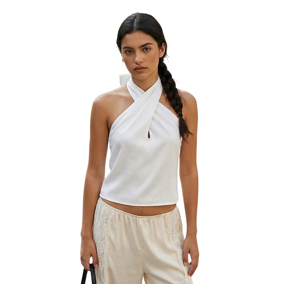 Women Fashion Sleeveless Halter Neck Tank Tops Summer Solid Color Backless Satin Casual Vests Streetwear