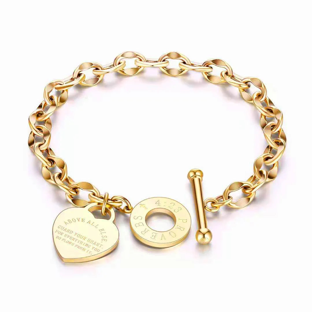 1pc Stainless Steel Bracelet with Heart Pendant, Double Heart OT