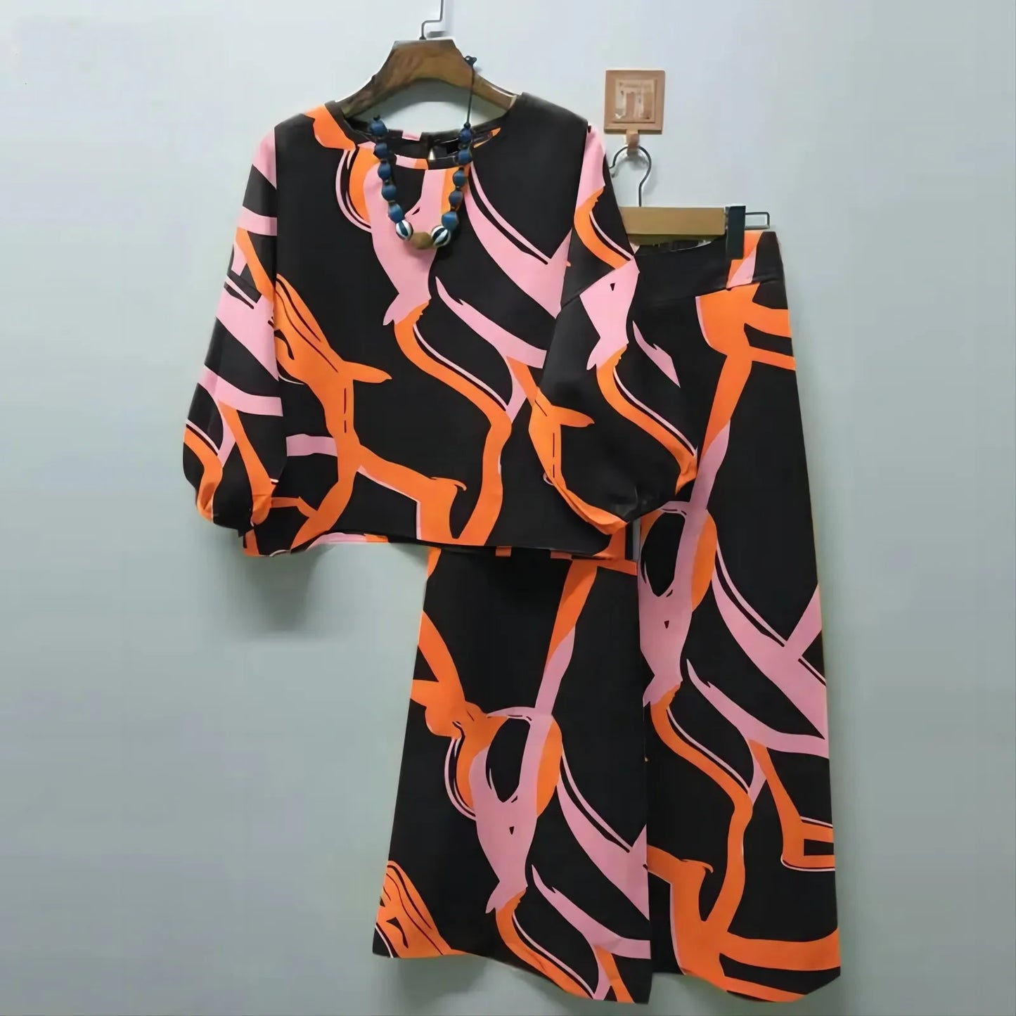 Print Suit Women Two Piece Pant Sets Long Sleeve Round Neck Tops Shirt Wide Leg Pants Loose Elegant Lady Bohemian Suits