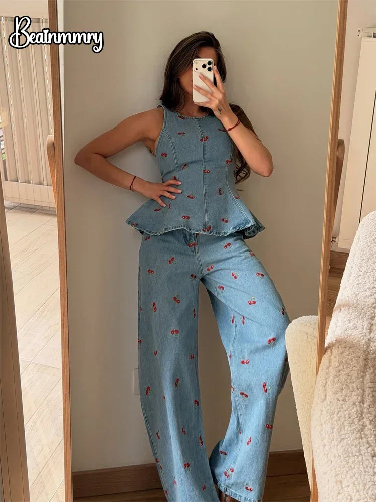Denim Printed Sleeveless Pants  2-piece Set Women's Elegant Round Neck Fashion Short Shirt Long Pants Suits 2026 Street Outfit
