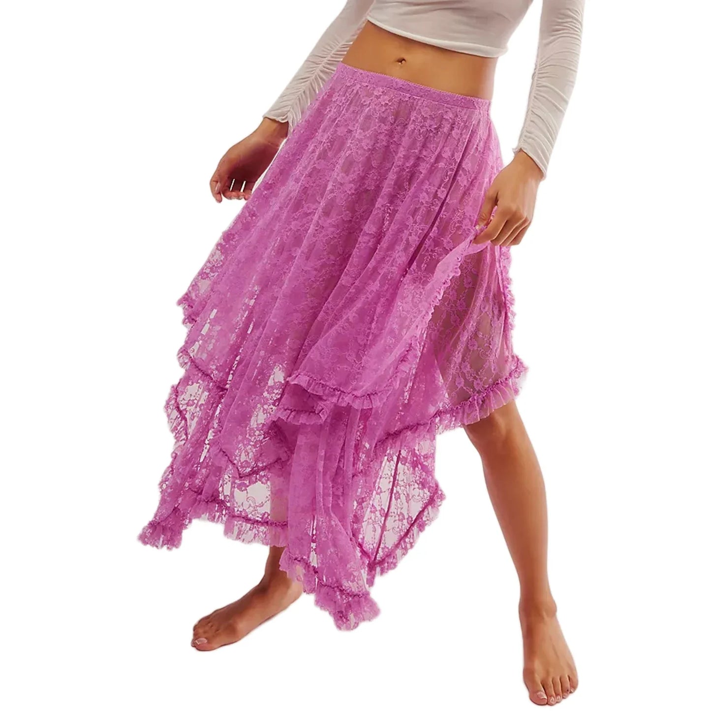 Women's Solid Color Midi Skirts Lace Elastic High Waist Skirts Spring Summer Sweet Irregular Hem Casual Skirts