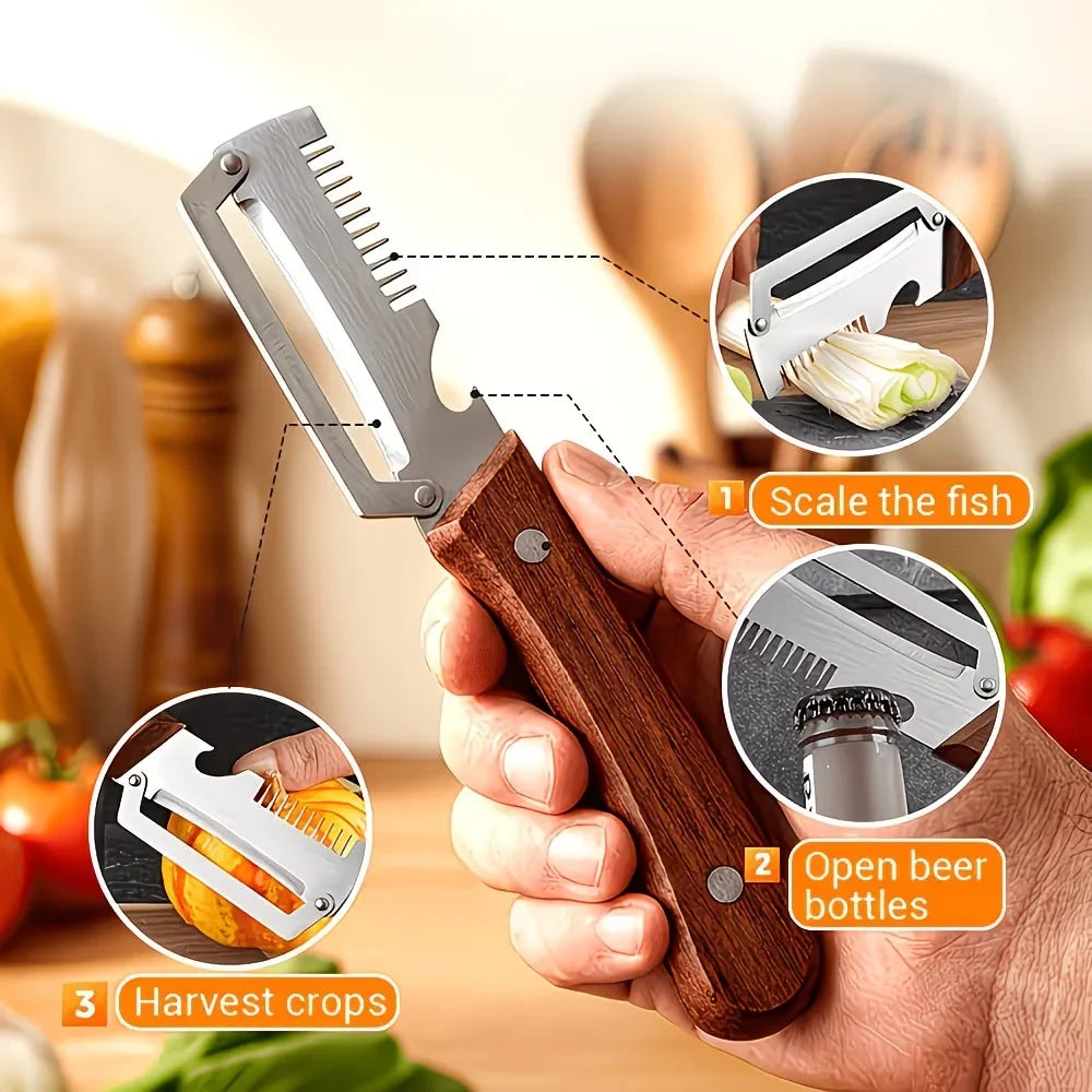 Stainless Steel Vegetable Peeler with Wooden Handle 3-in-1 Fruit Potato Peeler with Bottle Opener Kitchen Peeling Cooking Tools
