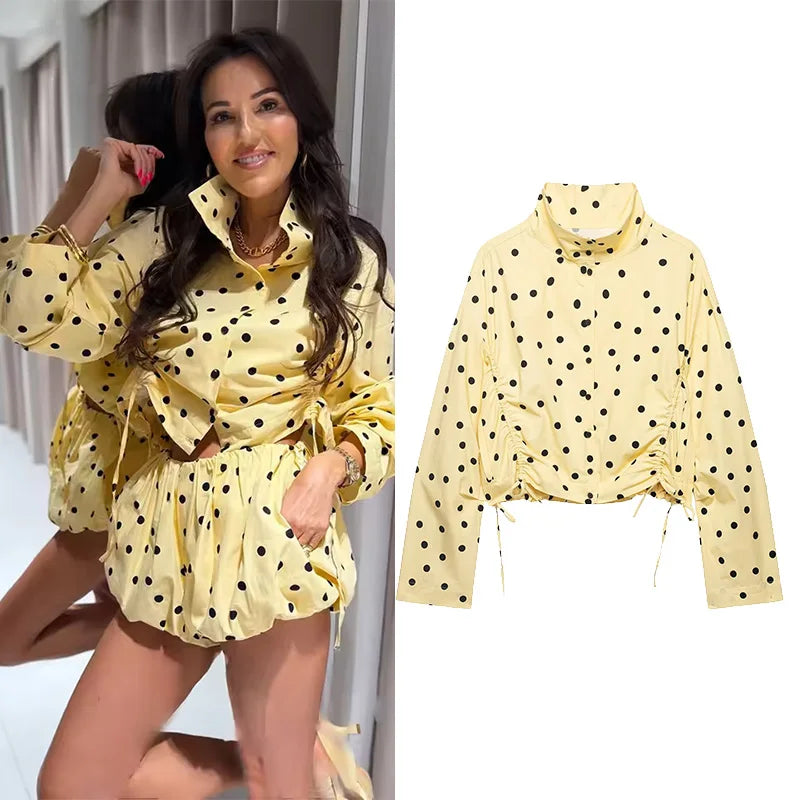 Women's Polka Dots Jacket with Tie New 2026 Spring Long Sleeve High Collar Loose Women Versatile Short Coats Chic Female Jackets