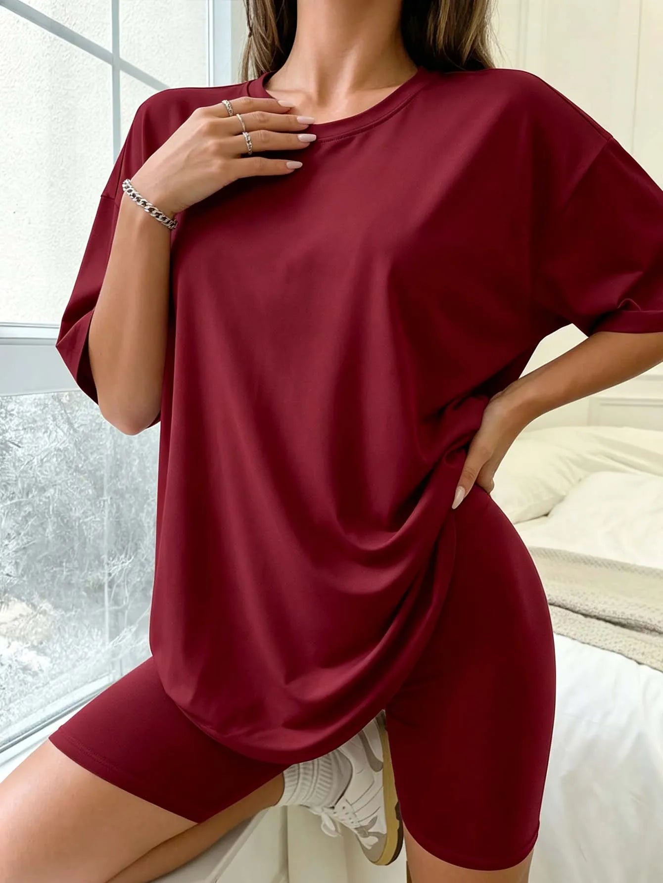 Large-size women's casual summer short-sleeved dress with tight shorts set, suitable for exercise and fitness, soft and comforta