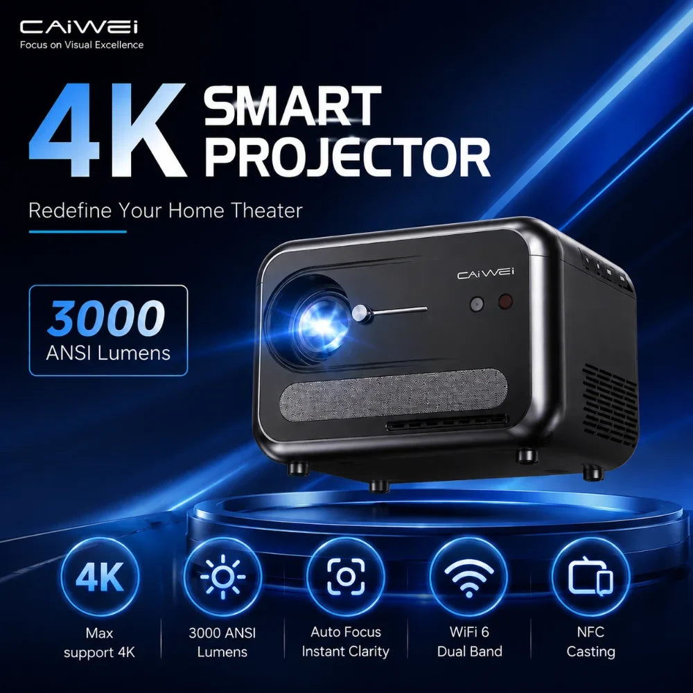 CAIWEI A6W 4K Projector Full HD 1080P Home Theater Auto Focus Android for Movies Video Smart Beamer Portable Projector 3000 ANSI