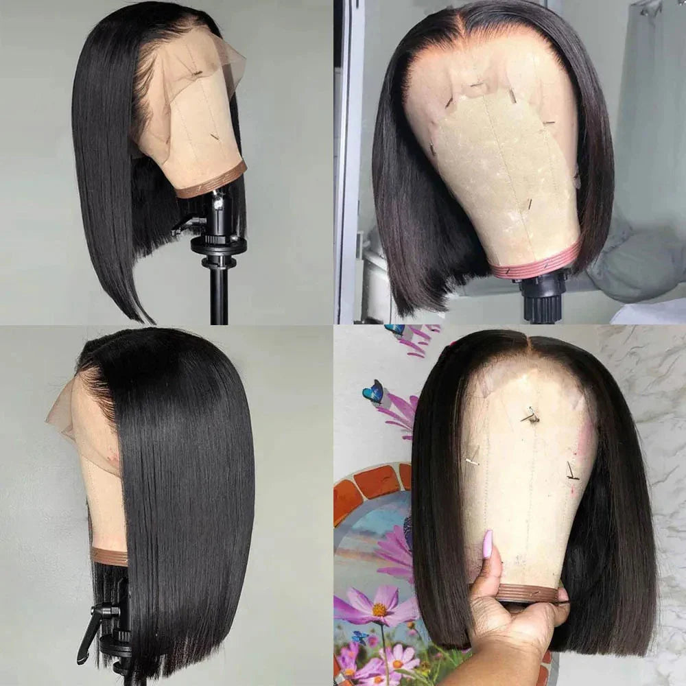 Peluca Lisa Bob Amarilla 13x4 Peluca Frontal de Encaje Cabello Humano para Mujeres Transparente Peluca Bob Corta Corte Pixie Brasileño 220% Densidad