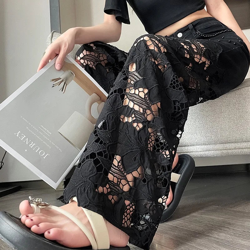 Y2k Women's cute jeans High Leg Waisted Wide  2025 Spring Summer Fashion Hollow Lace Patchwork Denim Pants
