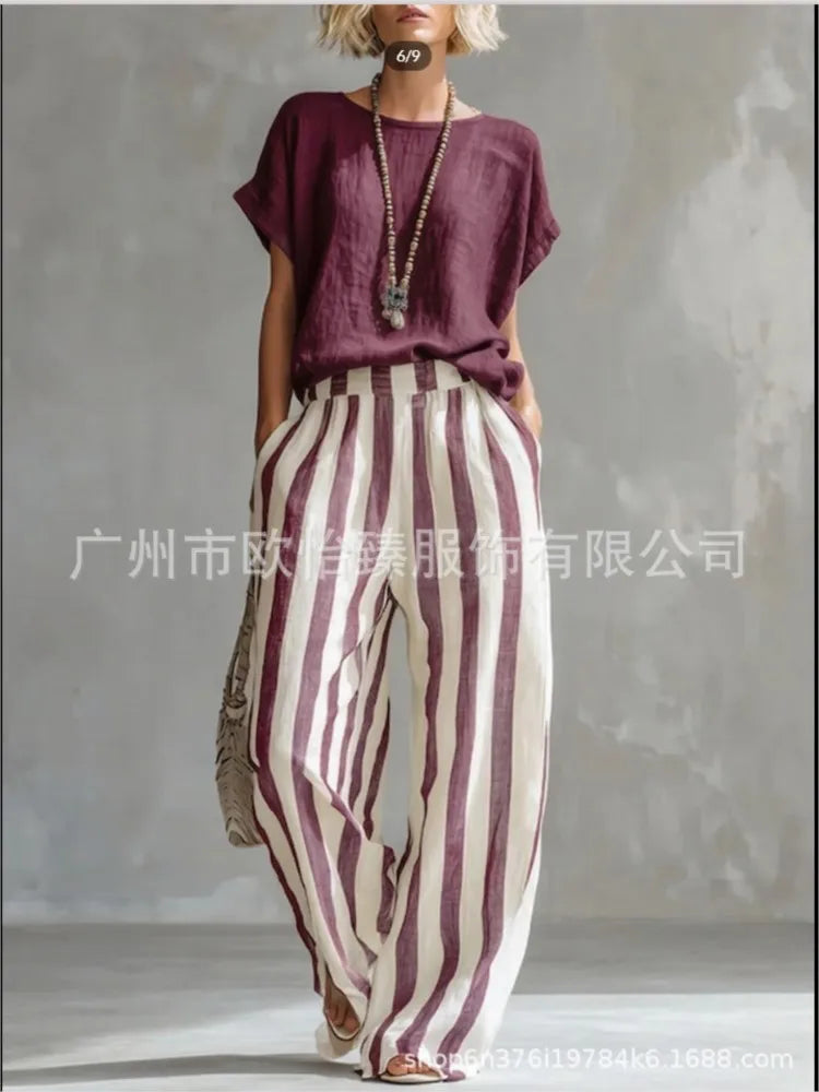 Fashion Linen Printed Striped Trousers Short-sleeved Women 2piece Set Summer New Retro Loose Wide-leg Trousers Female Casual Set