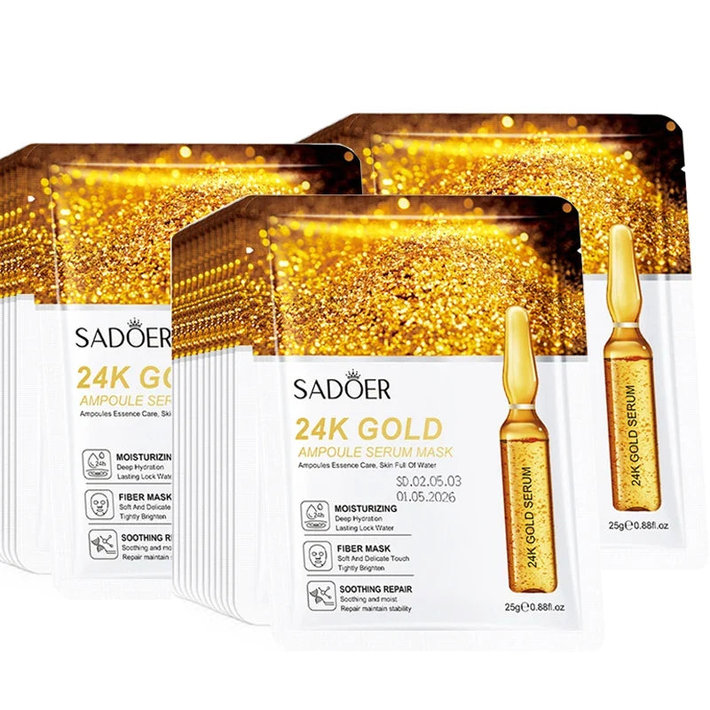 10pcs SADOER 24K Gold Vitamin C Hyaluronic Acid Face Mask Facial Moisturizing Firming Hydrating Facial Masks Skin Care Products