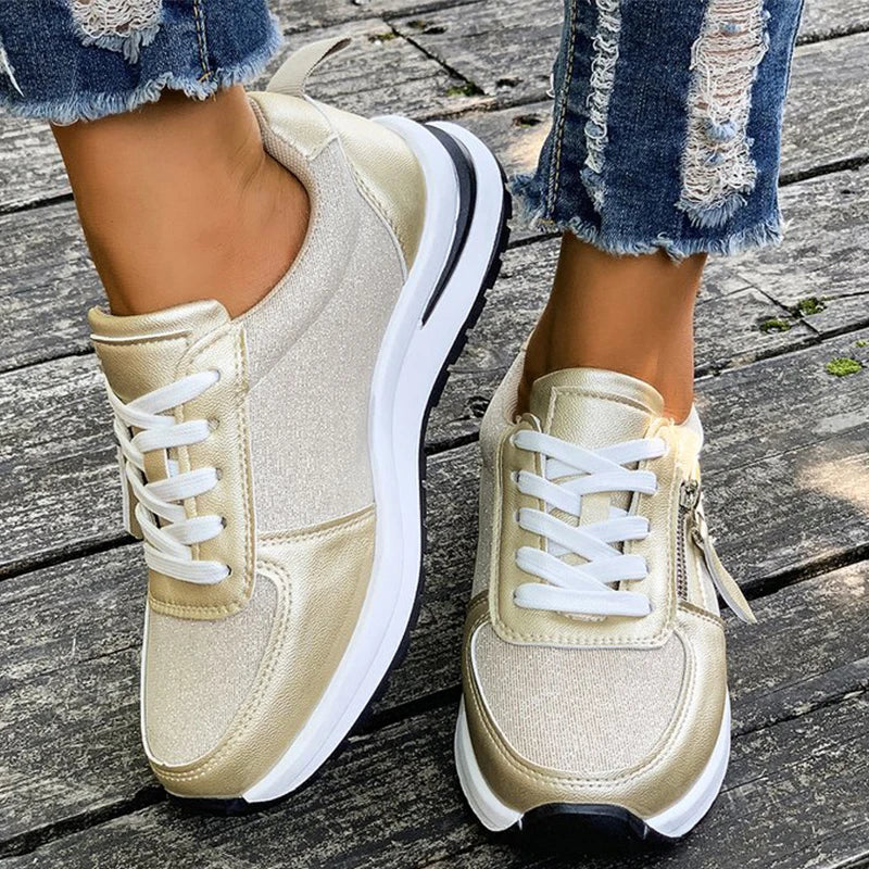 Casual Lace-Up Platform Sneakers for Women Autumn 2025 Solid Plus Size Shoes Woman Non-Slip Zip Female Sports Shoes