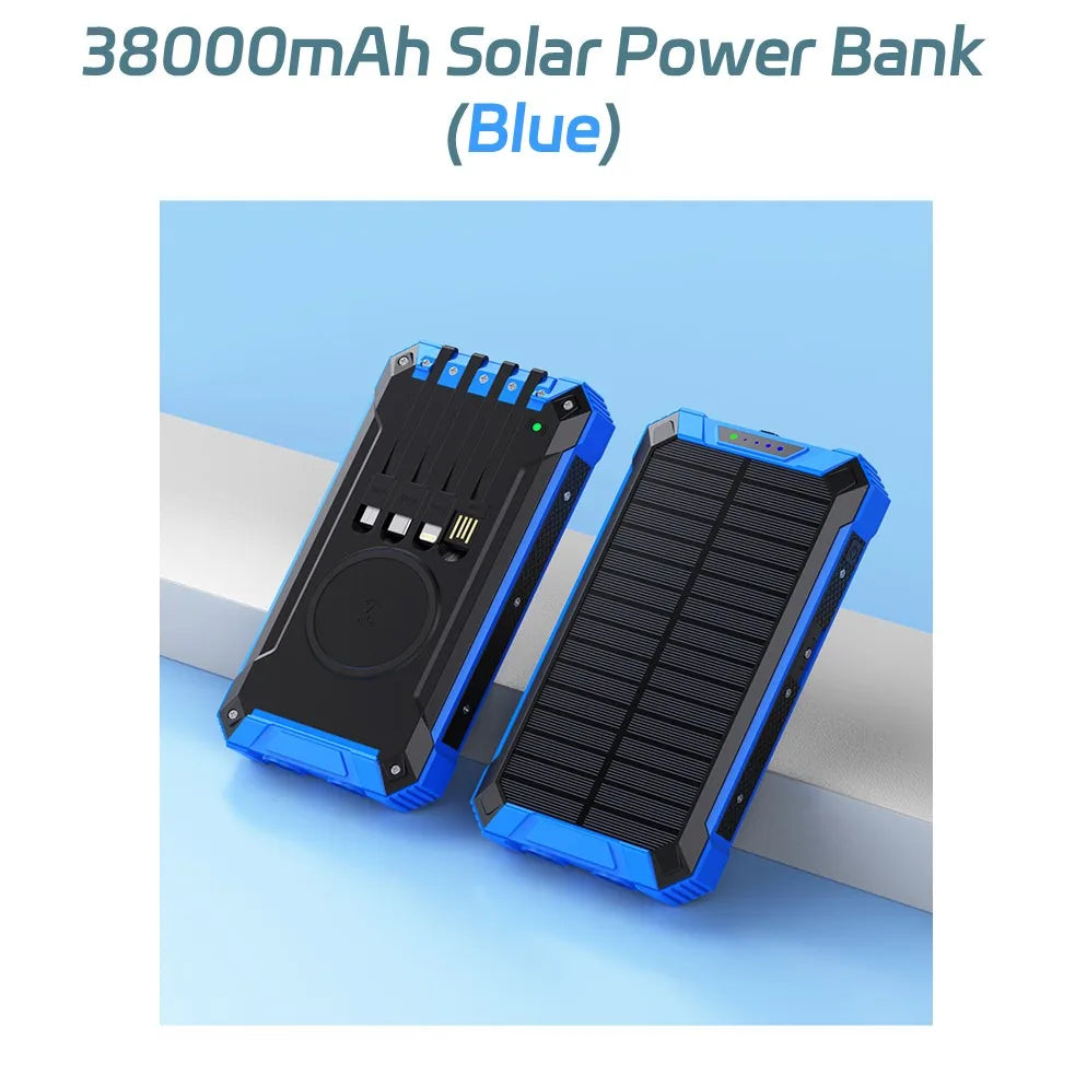 Solar Power Bank 38000mAh, Portable Solar External Battery Pack Built-in 4 Cable, 22.5W Portable Charger for Camping and Outdoor