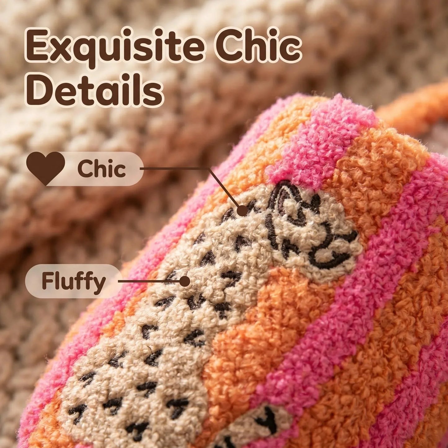 Ins-Style Cute Color-Block Embroidered Winter New Striped Leopard Print Plush Slippers for Women, Indoor Non-Slip Warm Plush Shoes, a Top Choice for Holiday Gifts