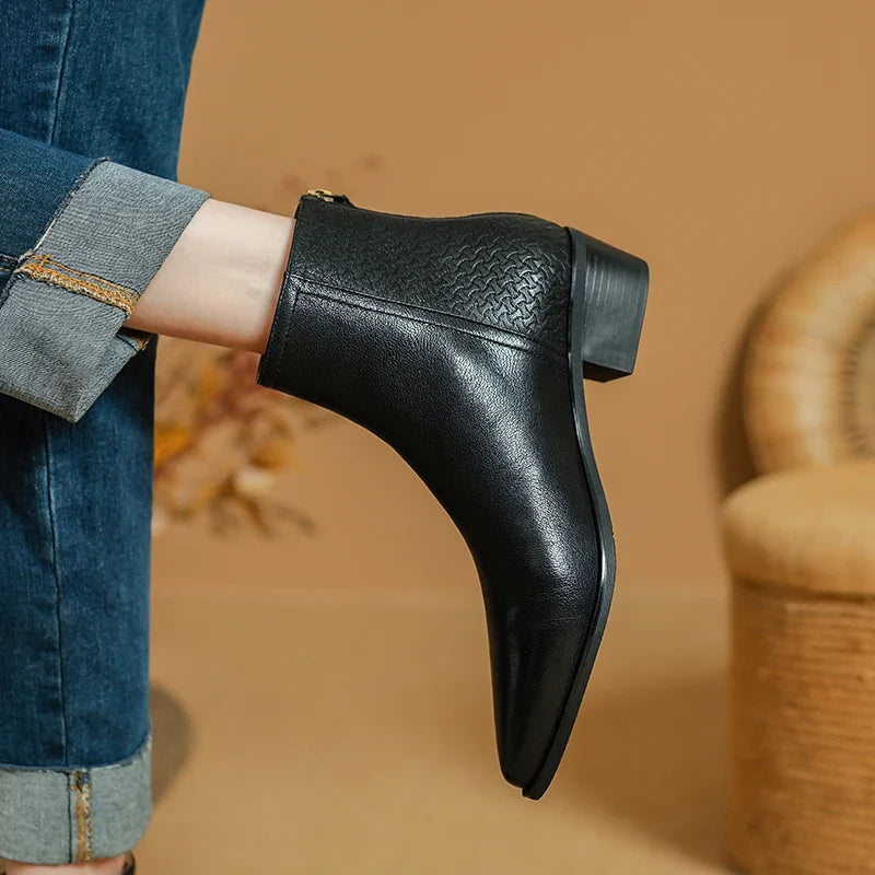 2025 New Autumn Women Boots Pointed Toe Chunky Heel Shoes Genuine Leather Women Shoes Concise Zipper Ankle Boots Western Boots