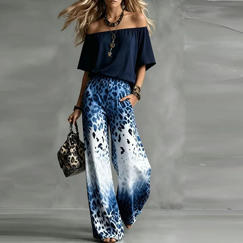 Vintage Printed One Shoulder Short Sleeve Women T-Shirts Pocket High Waist Wide Leg Pants Suit Women Casual Two Piece Set