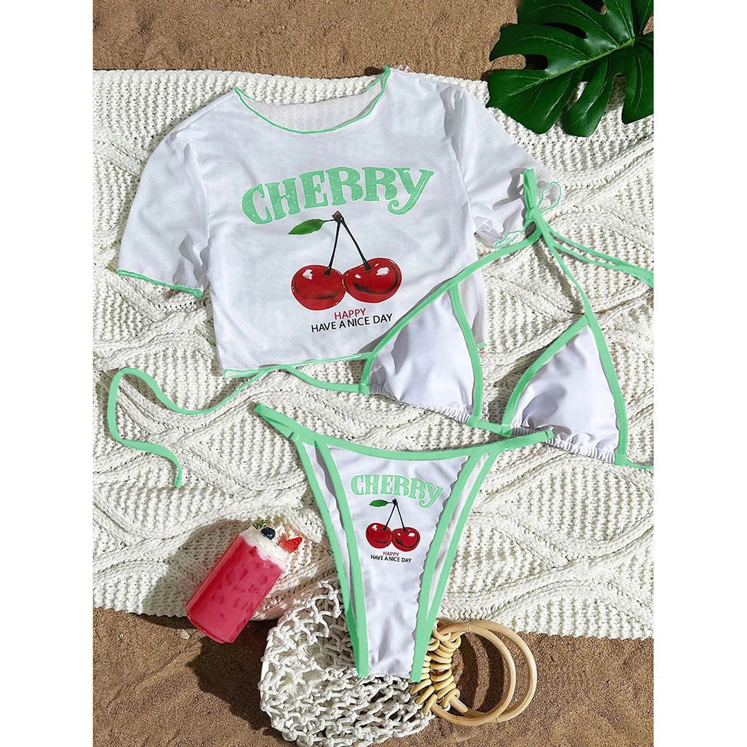 S -XL 13 Color Printed Three-piece Bikini set Short Sleeve Bikini Female Swimsuit Women Swimwear Bather Bathing Suit Swim V6854G