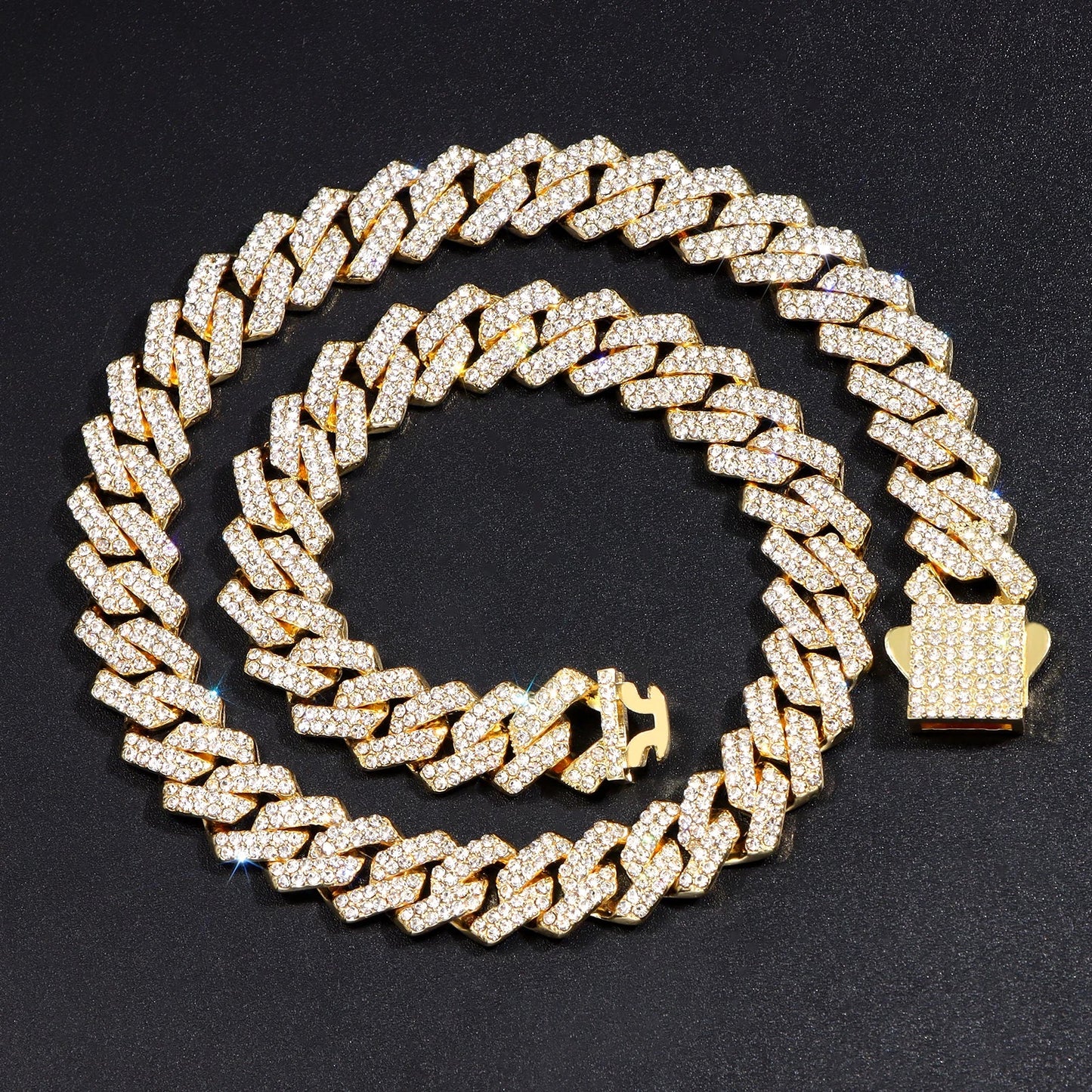 14mm Iced Out Prong Cuban Link Chain Necklace for 2 Row Rhinestone