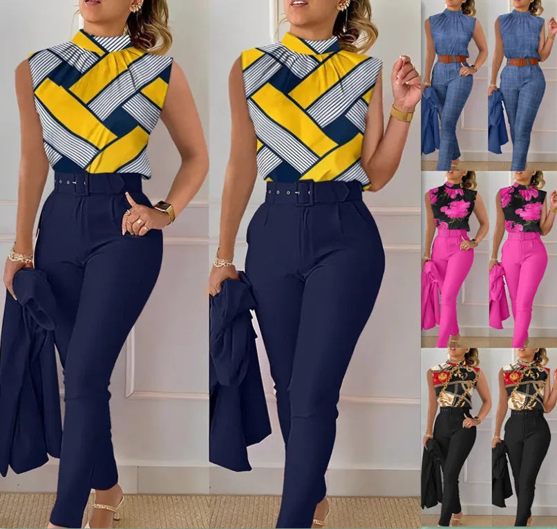 New Fashion Elegant Sleeveless Print High Waist With Belt Shirt And Pant Casual Fashion Two Piece Set