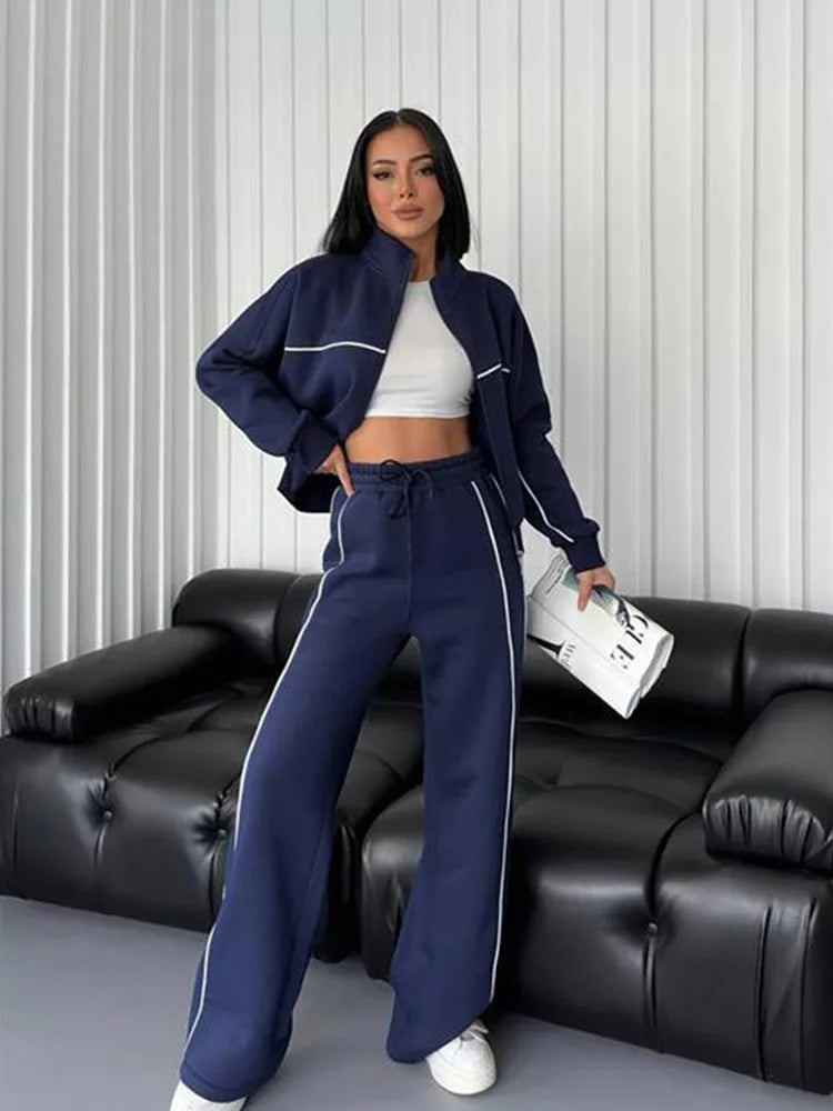 2026 New Cross-Border European American Amazon Casual Set: Long-Sleeve Semi-High-Neck Cardigan Sweatshirt With Tie And Striped