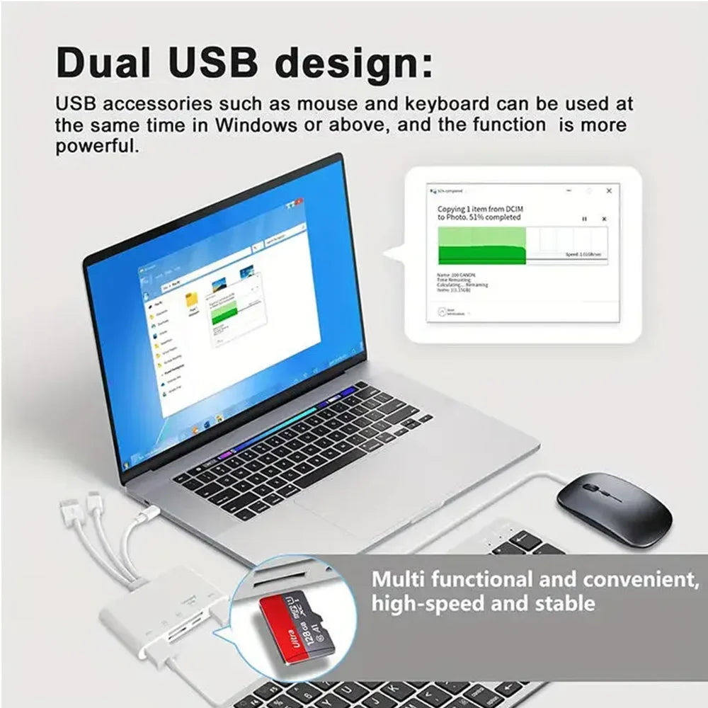 Three-wire 5-in-1 card reader, multi-function OTG converter, high-speed transmission, compatible with Iphone/Android/ipad