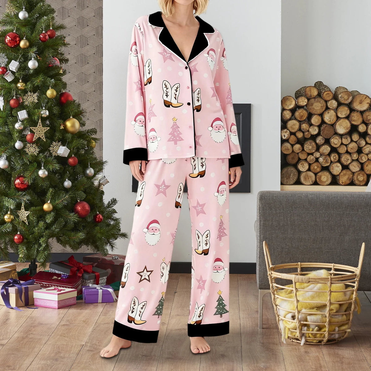 Women's Christmas Pajamas Set Long Sleeve V Neck Stocking Tree Print Tops and Pants Lounge Wear Two Pieces Suits
