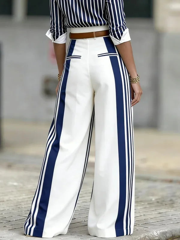 Women Fashion 2-Piece Set Striped Button Down Long Sleeves Shirt High Waist Striped Wide Leg Pants Elegant Office Outfit