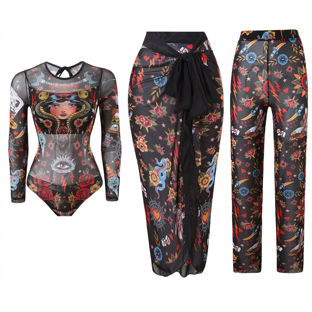 S - XXL 3PCS New Printed Long Sleeve With Pants Sarong Women Swimwear One Piece Swimsuit Female Bather Bathing Suit Swim K7180