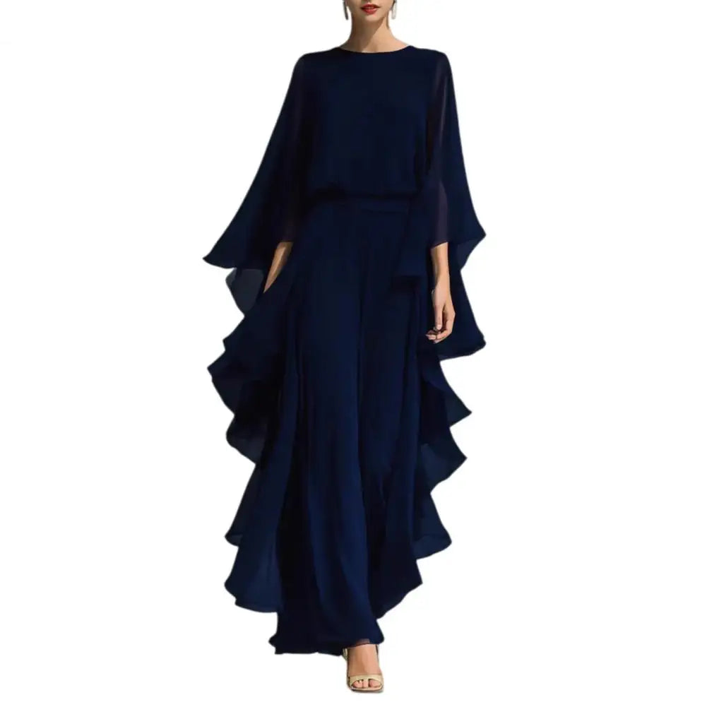 Women Top Pants Two-Piece Set Summer Loose Fit Casual Ruffle Bell Sleeve Shirt Solid Color Wide Legs Pants Trousers