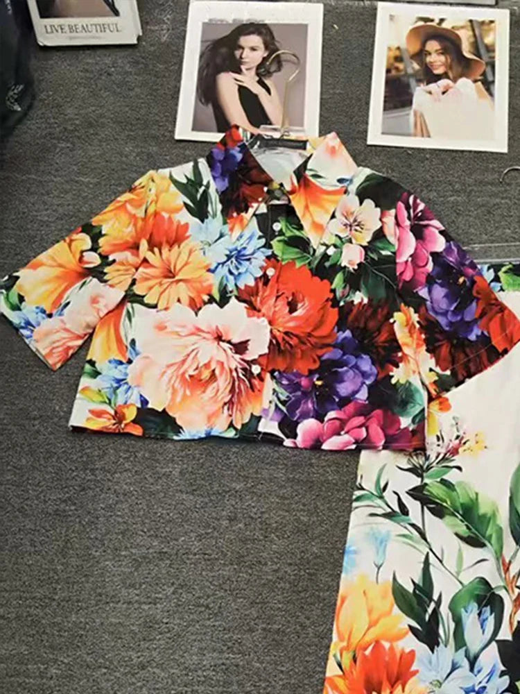 Spring and Summer New Women's Printed Pants Lapel Short Sleeve Waist Short Shirt + High Waist Wide Leg Pants Elegant Two-Piece S
