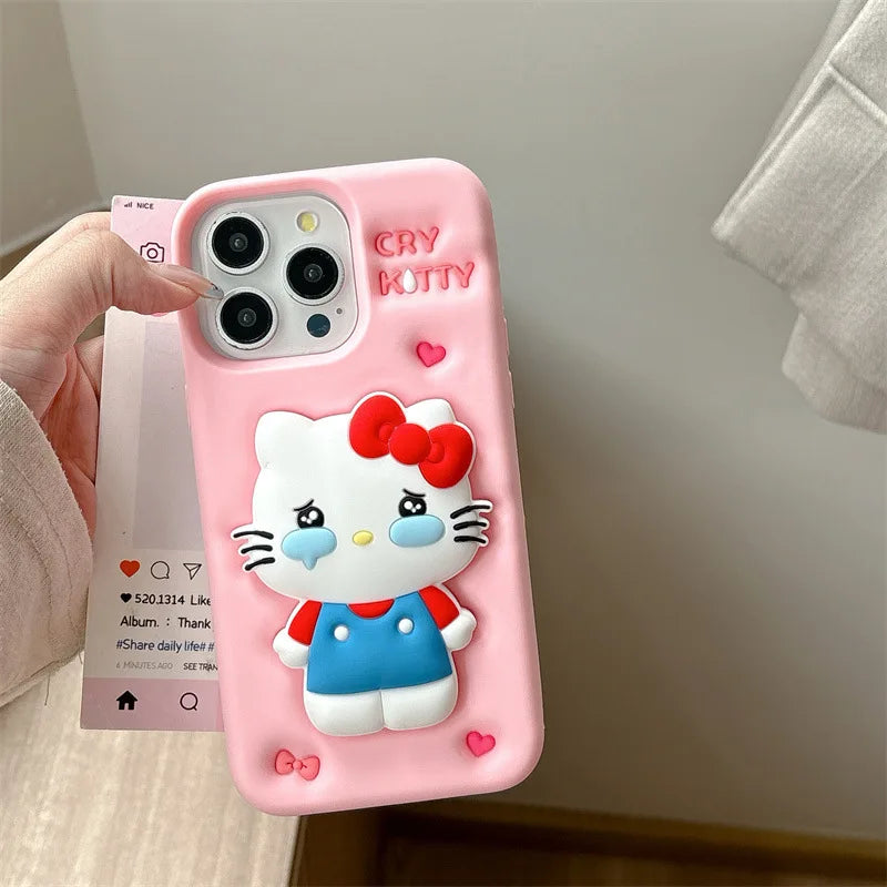 Funda de teléfono de silicona suave con soporte telescópico de dibujos animados 3D de Kawaii Cry Hello Kitty para iPhone
