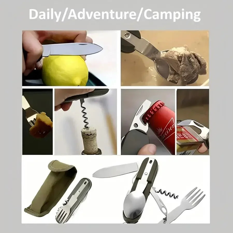 Camping Gear 5-in-1 Stainless Steel Travel Set, Multifunctional Folding Outdoor Utensils