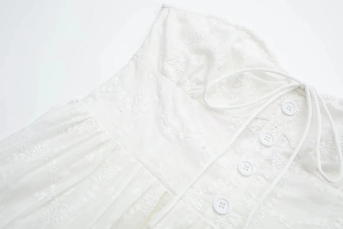 Foridol Button Bowknot Off Shoulder White Lace Mini Dress Summer Beach Embriodery Short Party Holiday Vestidos Smocked 2025