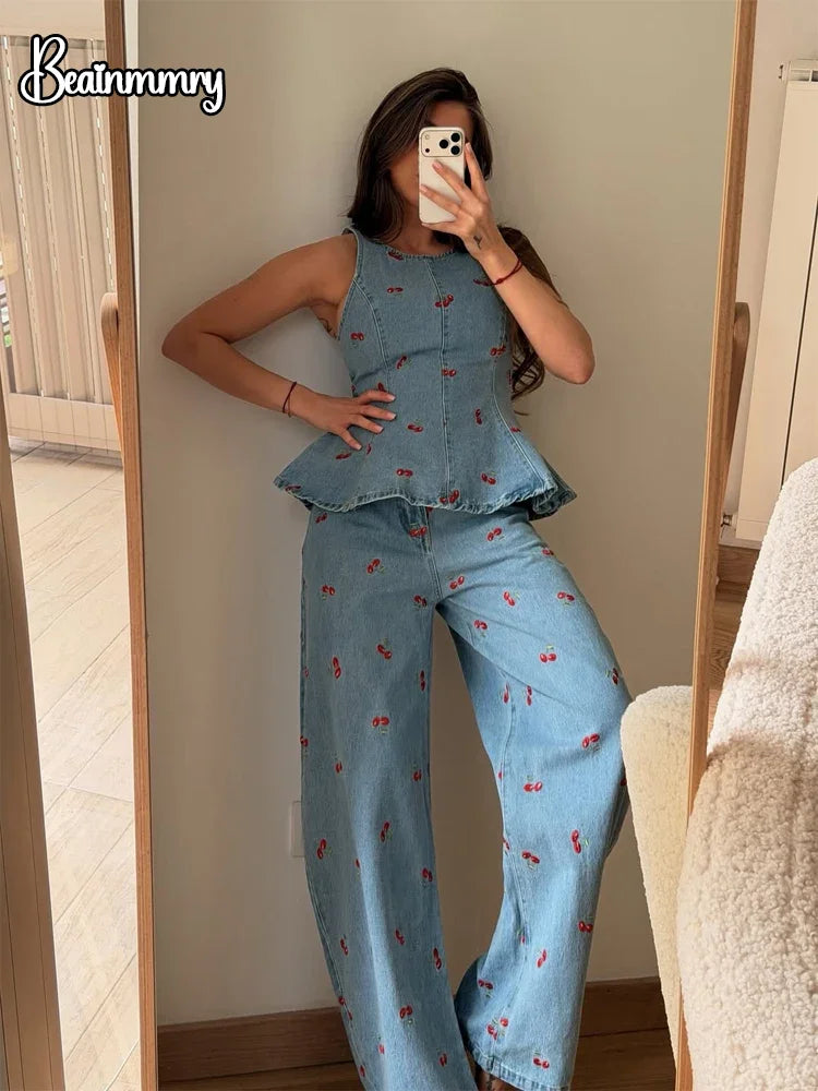 Denim Printed Sleeveless Pants  2-piece Set Women's Elegant Round Neck Fashion Short Shirt Long Pants Suit 2026 Street Outfit