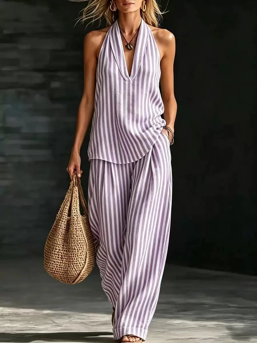 Women's Casual Two-piece Set Spring Summer Striped Wide-leg Pants Halter Top Cotton And Linen Two-piece Set For Women Clothing