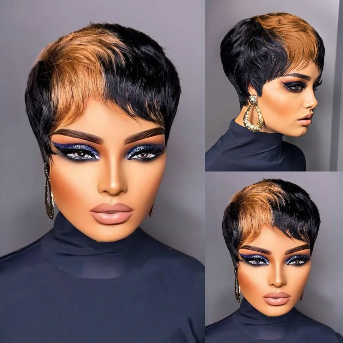 WIGERA Pelucas sintéticas destacadas Corto Liso Pixie Cut Peluca Bob Pelo Dorado Miel Mezcla Negro Cabello para Mujer