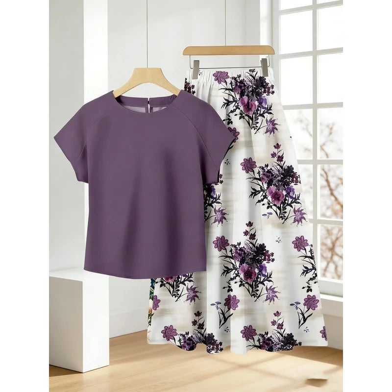 Retro plus Size Women's Ink Purple Printed Skirt Set with Simple Purple Short-Sleeved T-Shirt Elegant Casual Women's Outfit