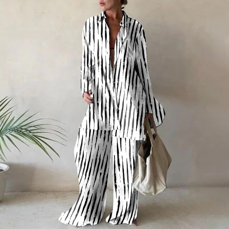 Spring Autumn Fashion Sets Women Long Sleeve Lapel Printed Casual Elegant Beach Loose Wide Legs Trousers Ladies Two Piece Suits