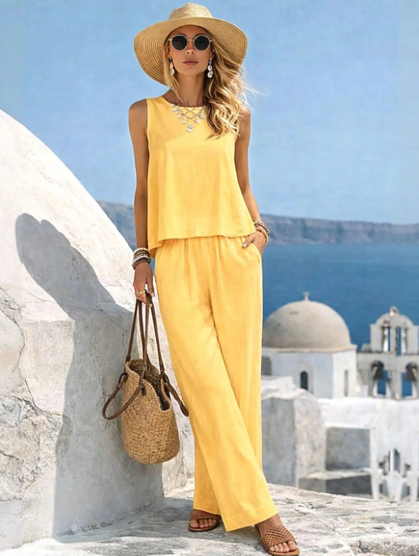  Women Vacation 2 Piece Outfit Sleeveless Tank Loose Top Pockets Wide Leg Pants Cotton Linen Blend Casual Summer Beach Wear