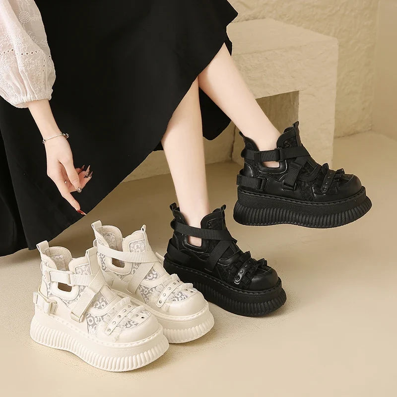 Lace Thick Bottom Sneaker Pumps Belt Buckle Elegant Fashion Comfortable Sexy Genuine Leather Women Shoes Round Toe New Hot Girls