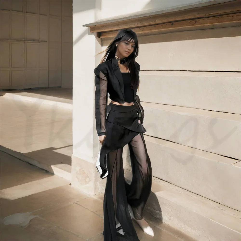 Y2k Korean Style Clothing Black 2 Piece Sets Women Hollow Out Mesh Grunge Simple Sping Streetwear High Waist Pants Outfit Sets