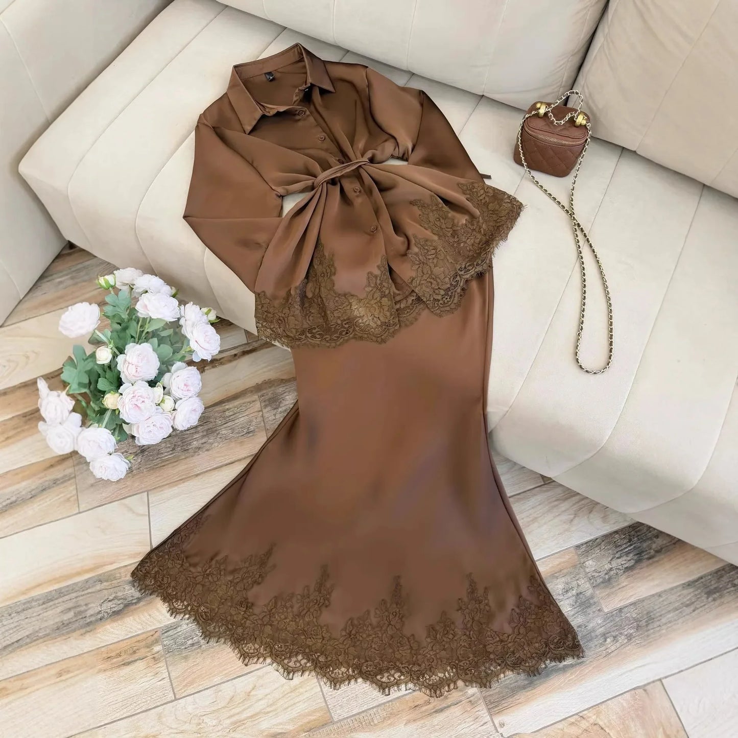 Women Two Piece Sets Skirt Set Turn Down Collar Lace Sexy Full Sleeve Tops Long Skirts High Waist Y2k Streetwear Elegant Work