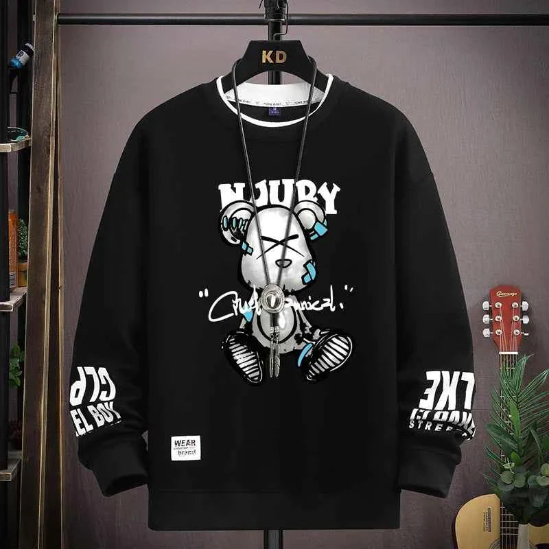 Autumn Men’s Sweatshirt Cool Bear Print Long Sleeve T-shirt Khaki O Neck Harajuku Exclusive Design Top