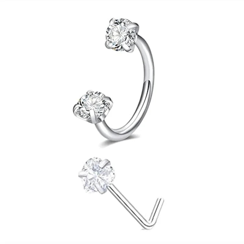 6/2pcs Horseshoe Nose Rings with L-Shape Nose Stud, Stainless Steel