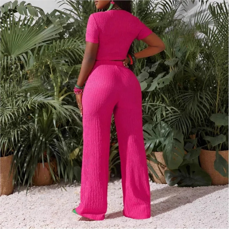 Casual Sports Set For Women Sexy Slim Short Sleeve O Neck Tops+High Waist Wide Leg Pants 2 Piece Sets Women's Clothing Holiday