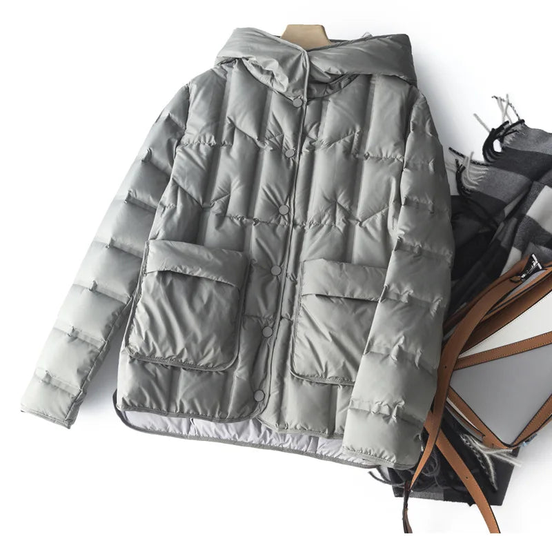 90% White Duck Down Women Down Jackets 2023 New Female Stand Collar Single-Breasted Puffer Jacket Casual Loose Hooded Parkas