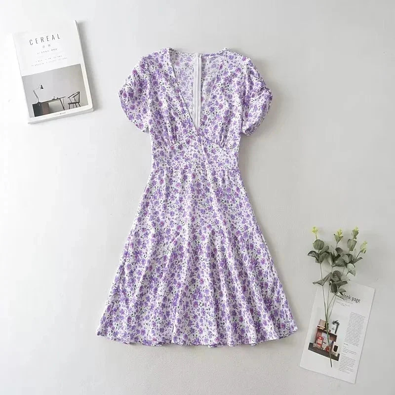 Foridol Blue Floral Print Summer Beach Dress Women Casual Holiday Short Sleeve Dress Boho Sundress Vestidos Fashion Clothes