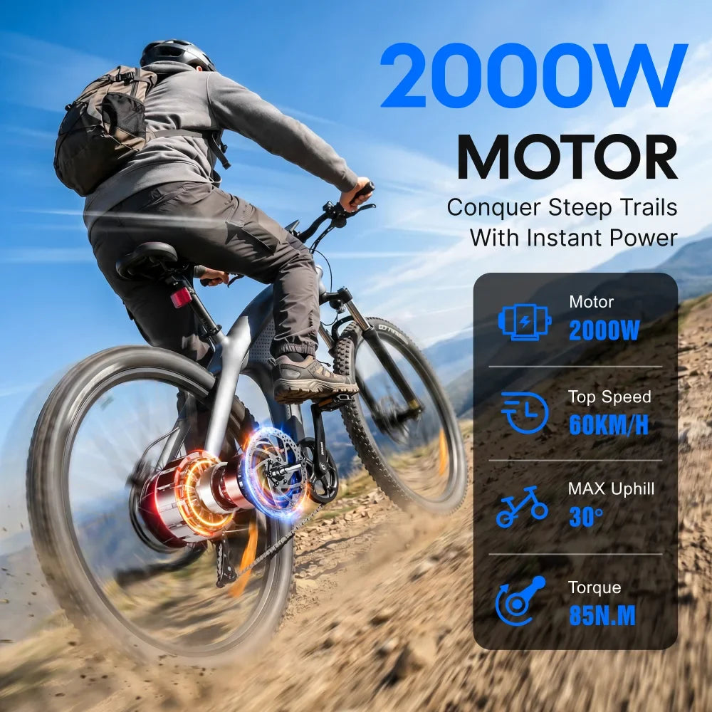 HUANCI Q5 Electric Bike for Adults 2000W Off-road Tire E Bike 48V 20Ah Battery 60KM/H Electric Bicycle for Commuting Long Range